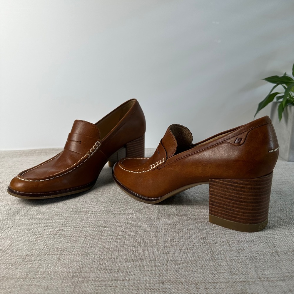 Sperry Seaport Penny Heel Loafers Women 10 Brown Leather Block Heel STS86537